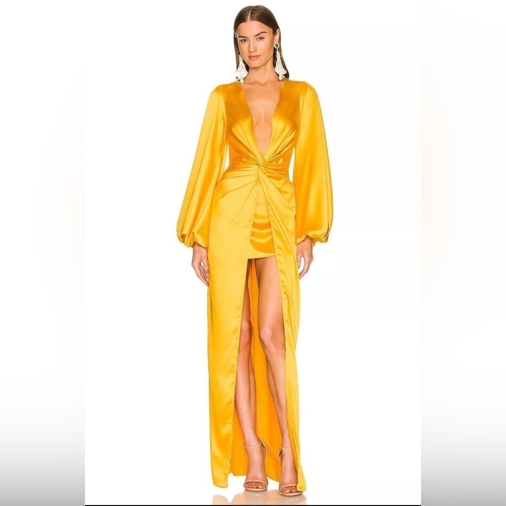 NWT Yellow Gown Satin Dress Maxi Long Sleeve Sexy Wedding Guest Formal Size S - Picture 3 of 16